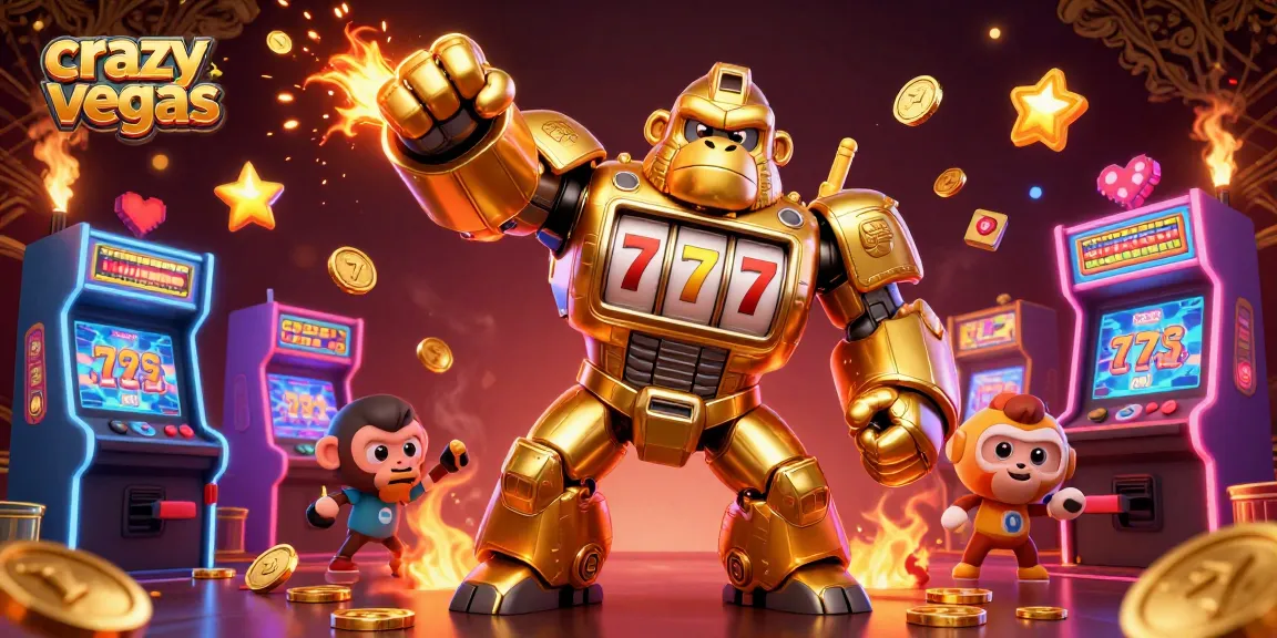 Players enjoy an immersive gaming experience at crazyvegas with golden gorilla mech and vibrant slot machine elements.