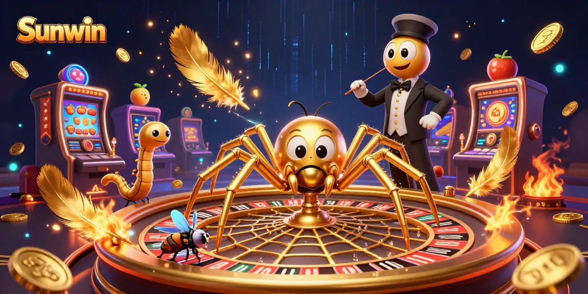 Sunwin's online casino ambiance featuring a golden spider and a fly nervously betting near a roulette wheel