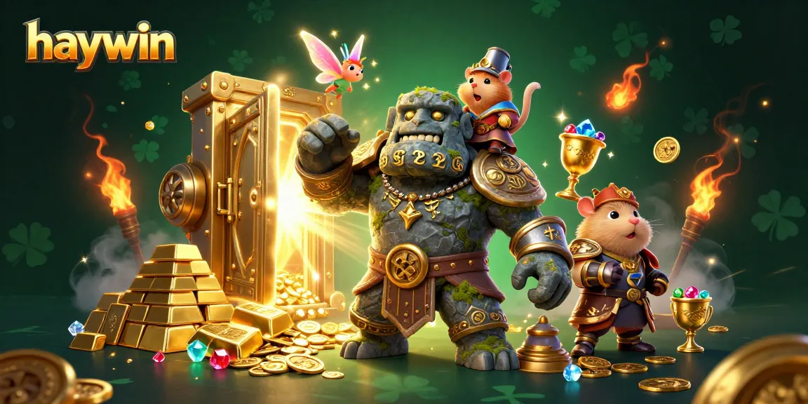 Experience the thrill of haywin with a magical golem, knight, and fairy in a dazzling casino scene.