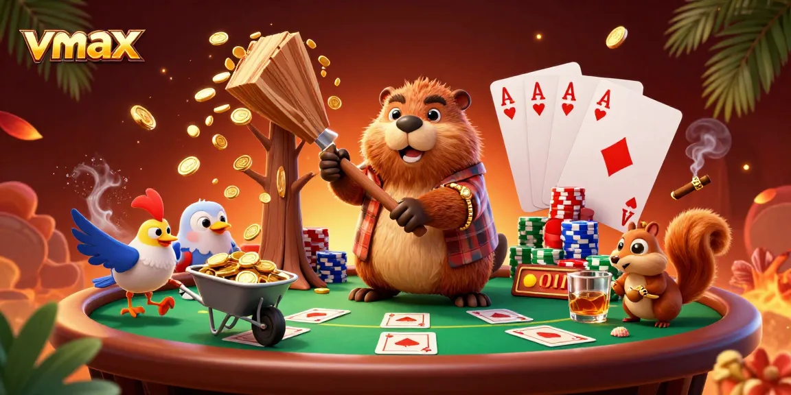 Experience the vibrant vmax casino atmosphere as a beaver chops a tree raining golden coins amidst dynamic betting action.