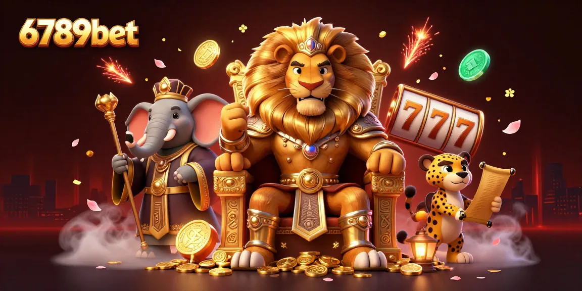 Experience the thrill of 6789bet with spinning slot reels and majestic characters in a rich 3D casino scene.