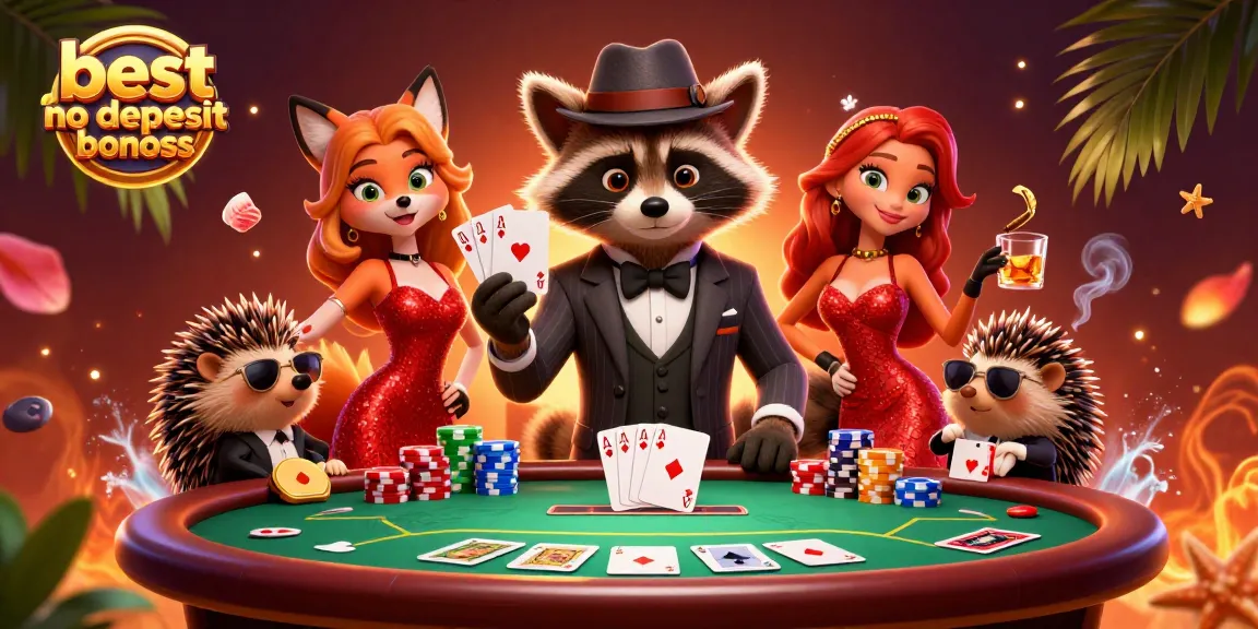 Experience the thrill of the best no deposit bonus casinos with cartoon characters at a lively poker table.
