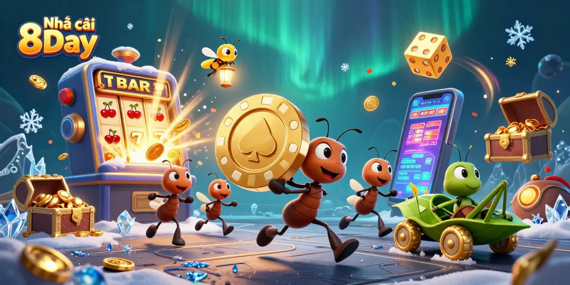Join the thrilling adventure of Nhà cái 8Day with ants heizing a giant poker chip and a dazzling casino backdrop.