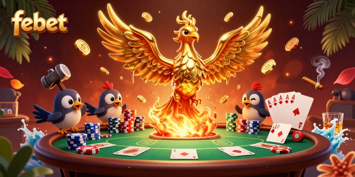 Experience the thrilling world of febet with golden phoenix and poker elements in a vibrant casino scene.