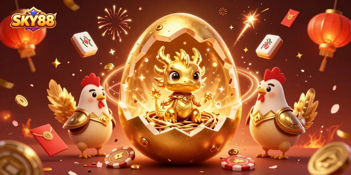 Experience thrilling gameplay with SKY88, featuring a golden baby dragon amidst poker chips and vibrant casino elements.