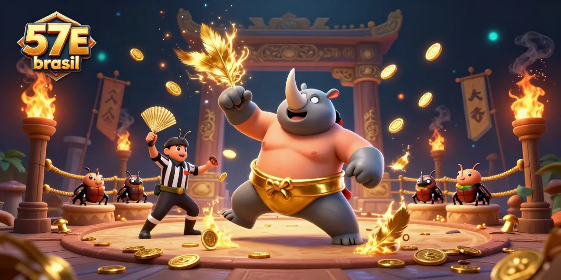 Engage with thrilling gameplay at 57E brasil, featuring a dynamic scene of a beetle champion and betting tokens.