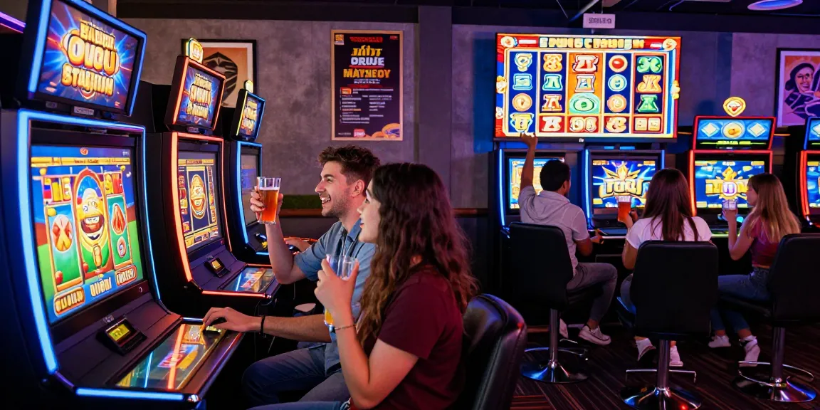 Friends celebrating their wins while playing bonus buy slots in a lively casino lounge.