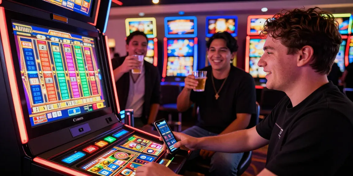 Player engaging with a vibrant demo slot machine in a lively casino atmosphere.