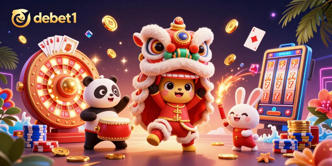 Experience the excitement of debet1 with vibrant characters and casino elements in a festive atmosphere.