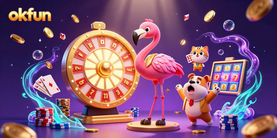 Engage with okfun in a dynamic casino scene featuring vibrant characters and exciting game elements.