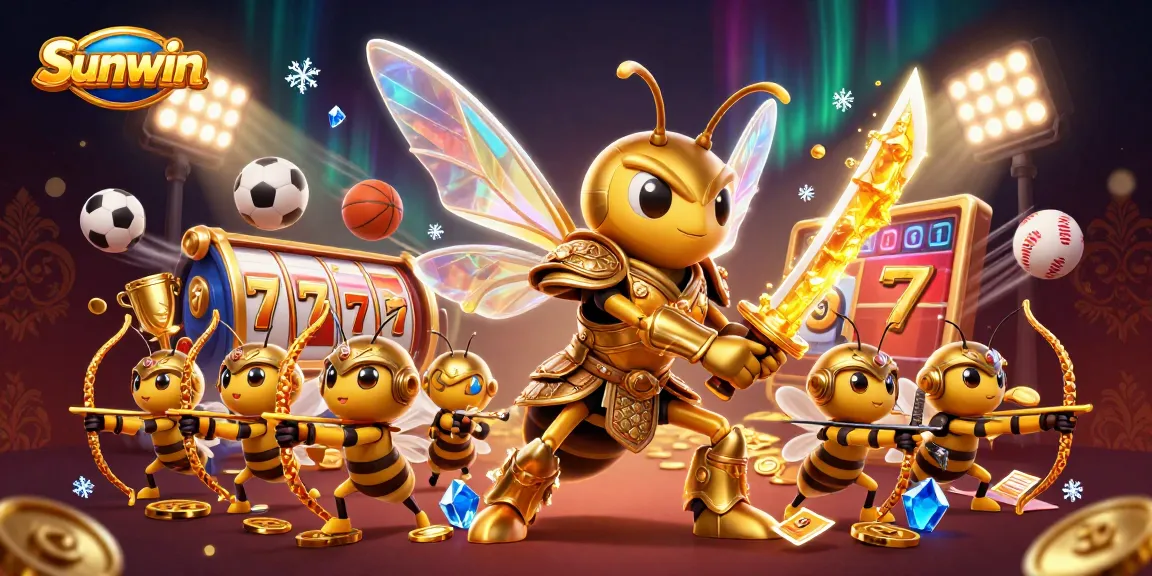 Sunwin showcases dynamic gameplay with a golden hornet in samurai armor amid vibrant casino elements.
