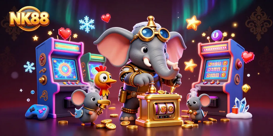 Experience thrilling gameplay at NK88 with a steampunk elephant operating a slot machine.