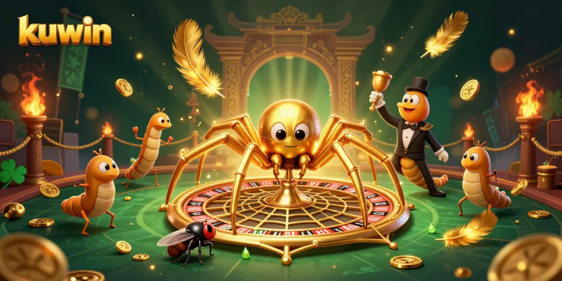 Kuwin showcases a thrilling casino scene with dynamic characters and vibrant gaming elements, including a golden spider and centipede dealer.