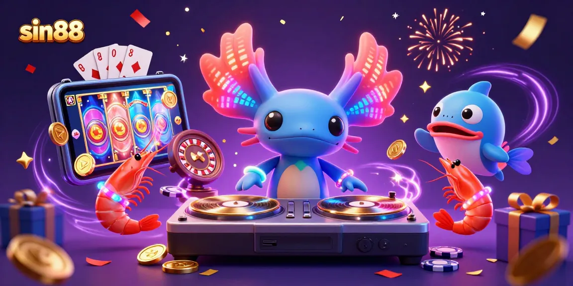 sin88 showcases vibrant underwater casino fun with a neon axolotl DJ and animated sea creatures.