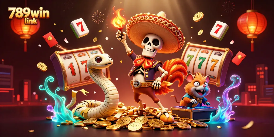 Experience the excitement of the 789win link through dynamic 3D illustrations featuring vibrant casino elements and characters.