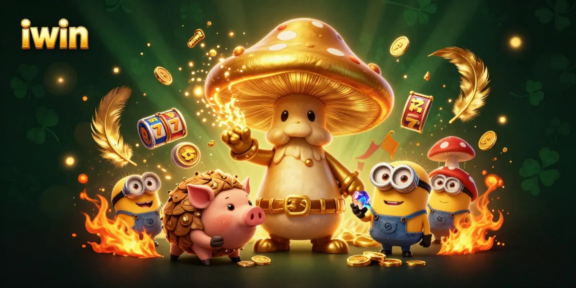 Experience winning spins with iwin's golden mushroom wizard in this vibrant slot scene