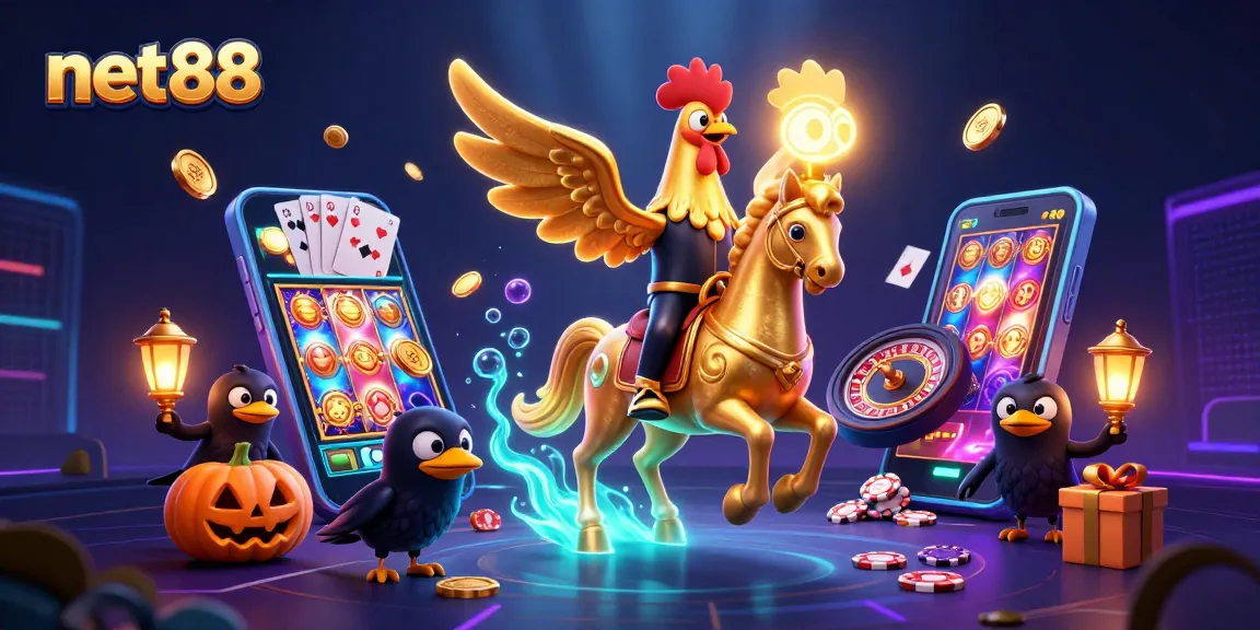 Win with net88: A golden rooster in a midnight casino, showcasing exciting game elements.