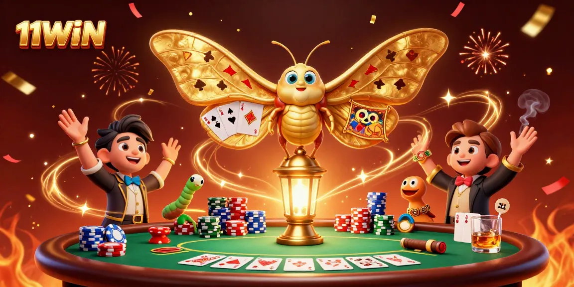 Experience the thrill of 11WIN with lavish casino visuals featuring poker elements and vibrant energy.