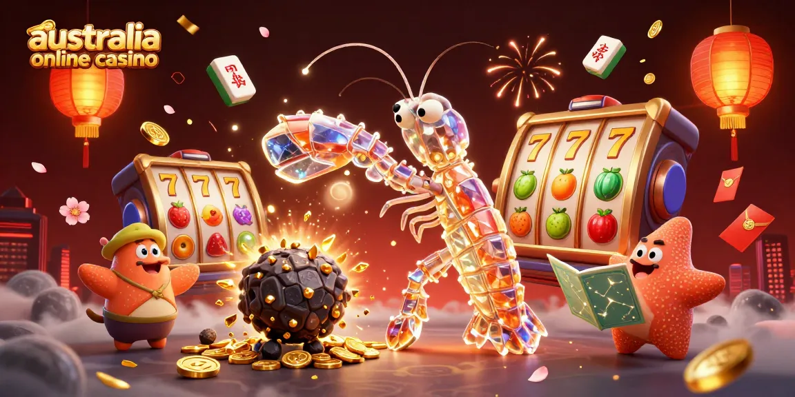 A vibrant scene showcasing the australia online casino with a galactic samurai mantis shrimp and gold coins exploding from an asteroid.