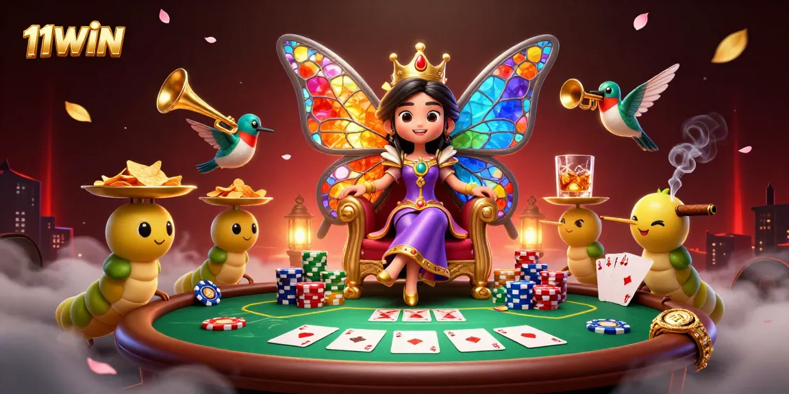 Experience the vibrant 11WIN casino scene with a butterfly queen and dynamic poker elements.