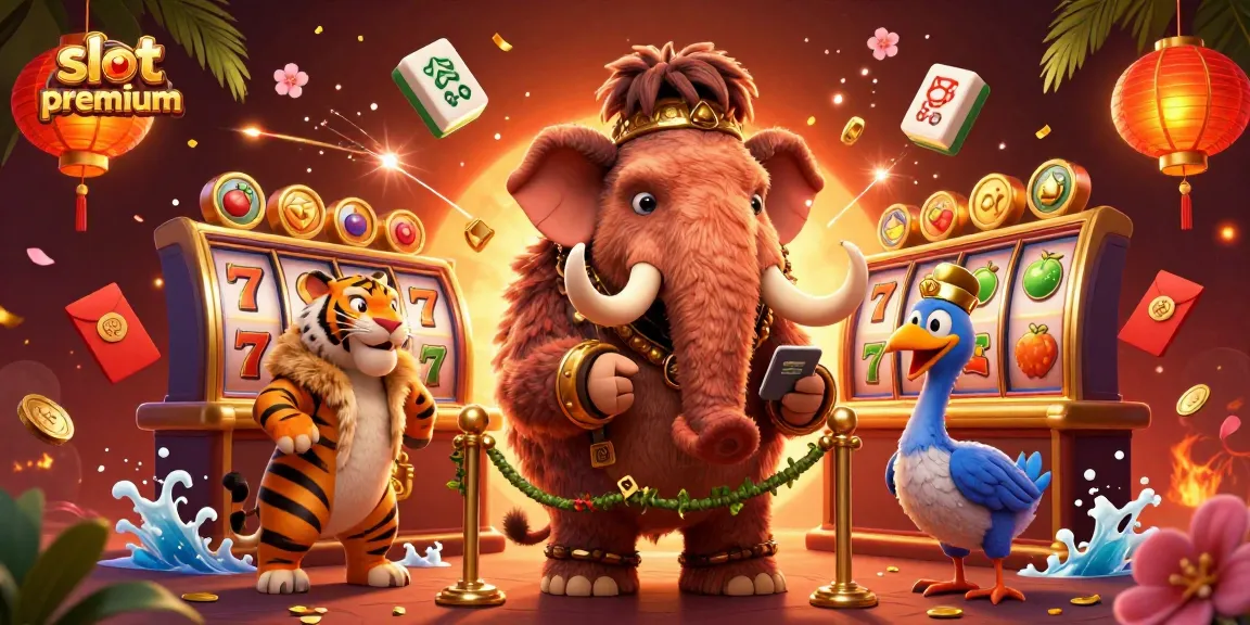 Engage in slot premium games with lively characters and vibrant casino elements in an exciting scene.
