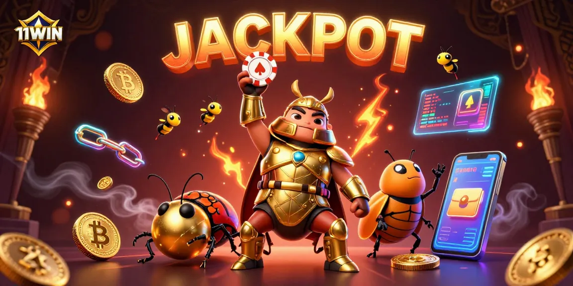 Score big with 11WIN gambling visuals featuring a victorious beetle and glowing crypto elements.