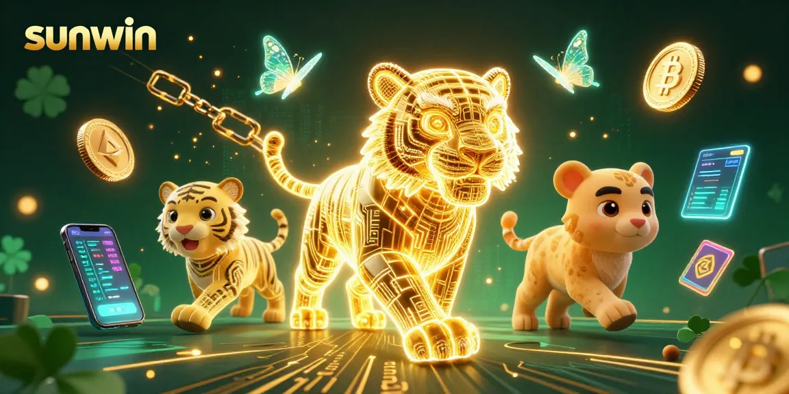 Experience the thrill of sunwin with a glowing tiger in an electrifying casino landscape filled with crypto elements.