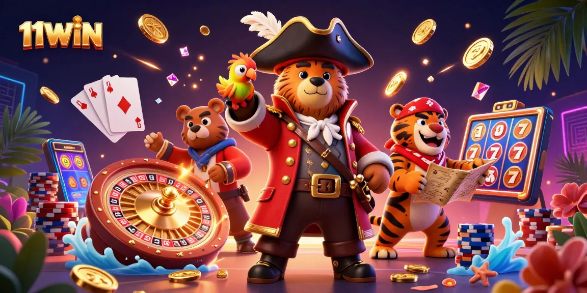 Join the excitement of 11WIN with vibrant casino adventures featuring a pirate captain bear.