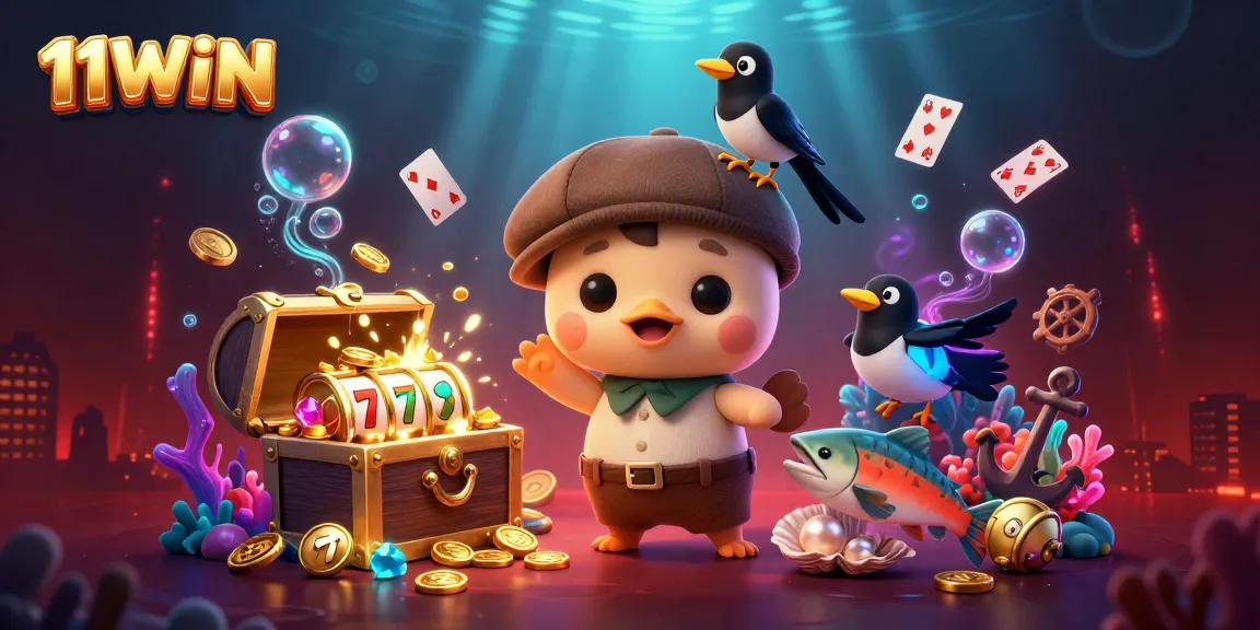 Experience thrilling wins at 11WIN with vibrant slots and cute characters in this colorful 3D scene.