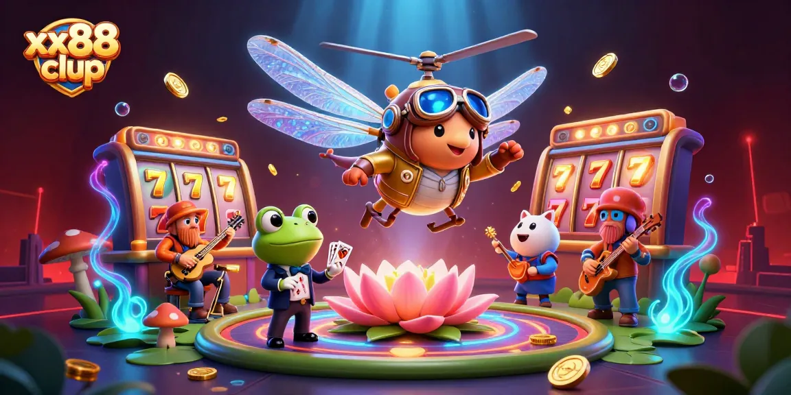 Engage with vibrant xx88 clup gaming scene featuring a dragonfly pilot and frog dealer surrounded by spinning slots.