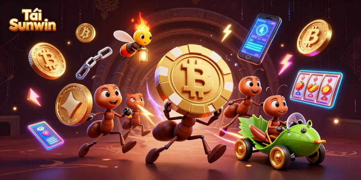Tải Sunwin features a playful scene with ants heisting a giant poker chip, illustrating vibrant casino energy.