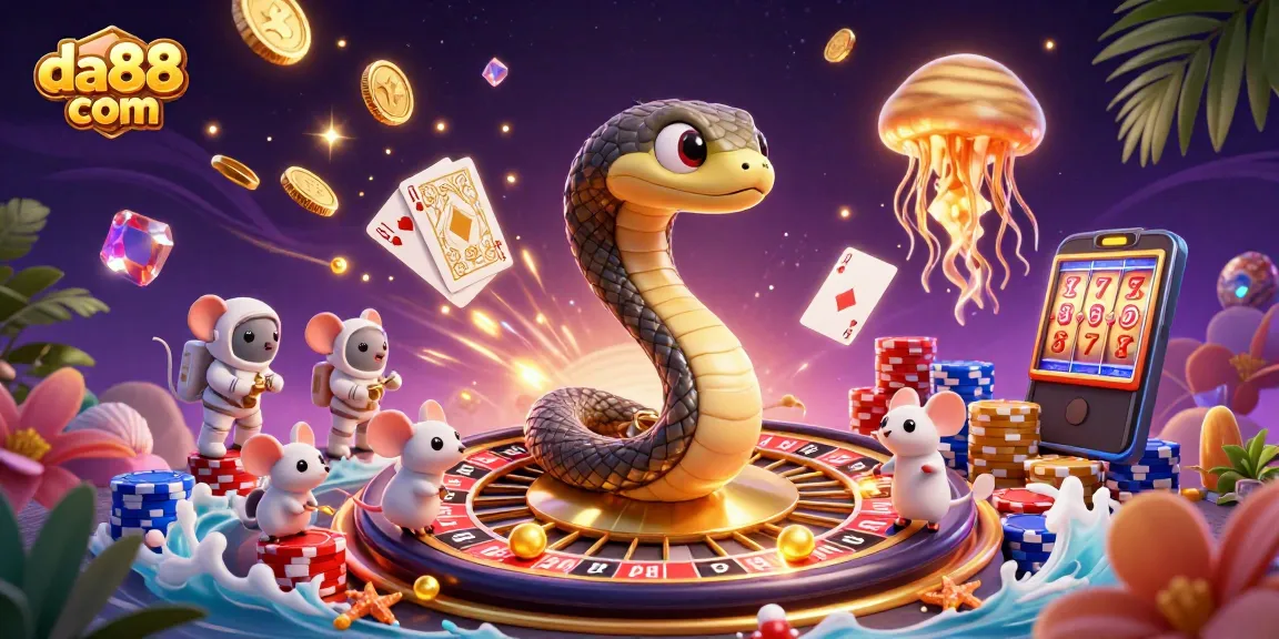 Experience thrilling bets at da88 com with vibrant 3D casino illustration featuring cosmic characters and dazzling game elements.