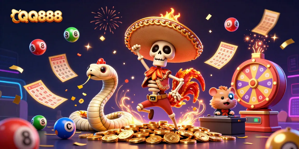 Experience thrilling wins at QQ888 with vibrant lottery elements and engaging characters.
