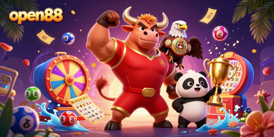Win big with open88: Energetic scene showcasing a bull, eagle, and panda in a vibrant casino setting.