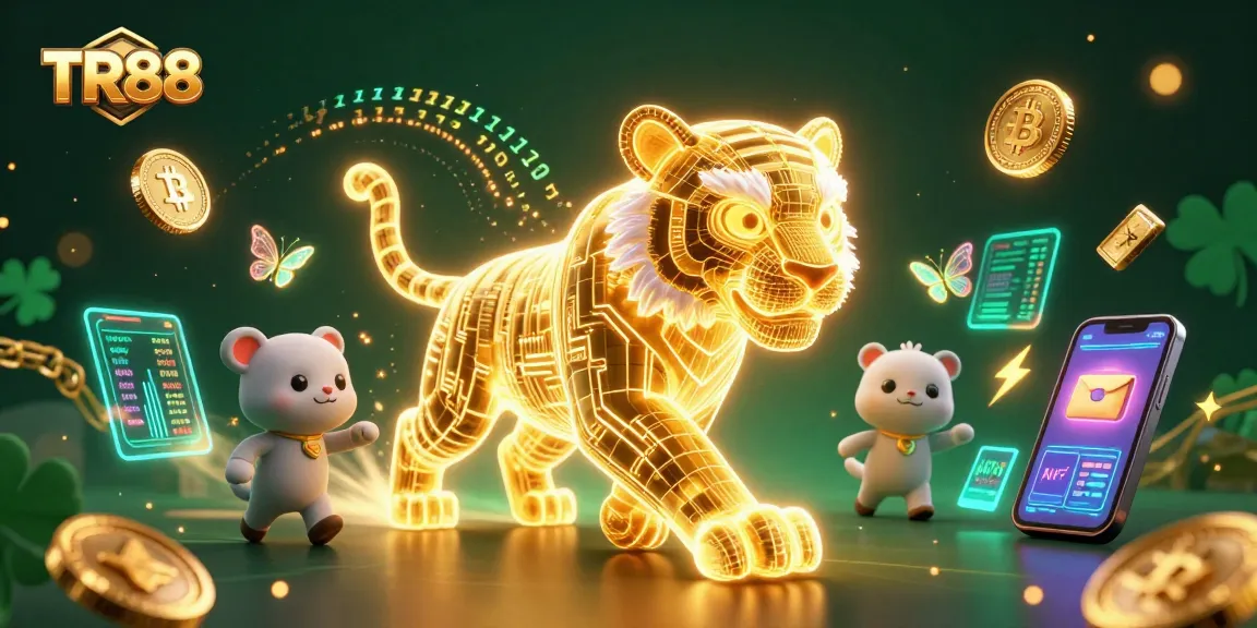 Experience TR88's vibrant digital casino wonders with a neon golden tiger and dazzling crypto elements.