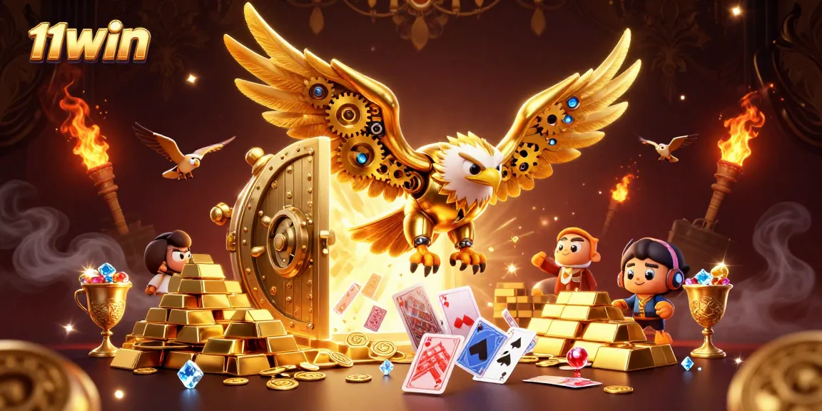 Engage with 11WIN's vibrant casino adventure featuring a golden eagle amidst treasures.